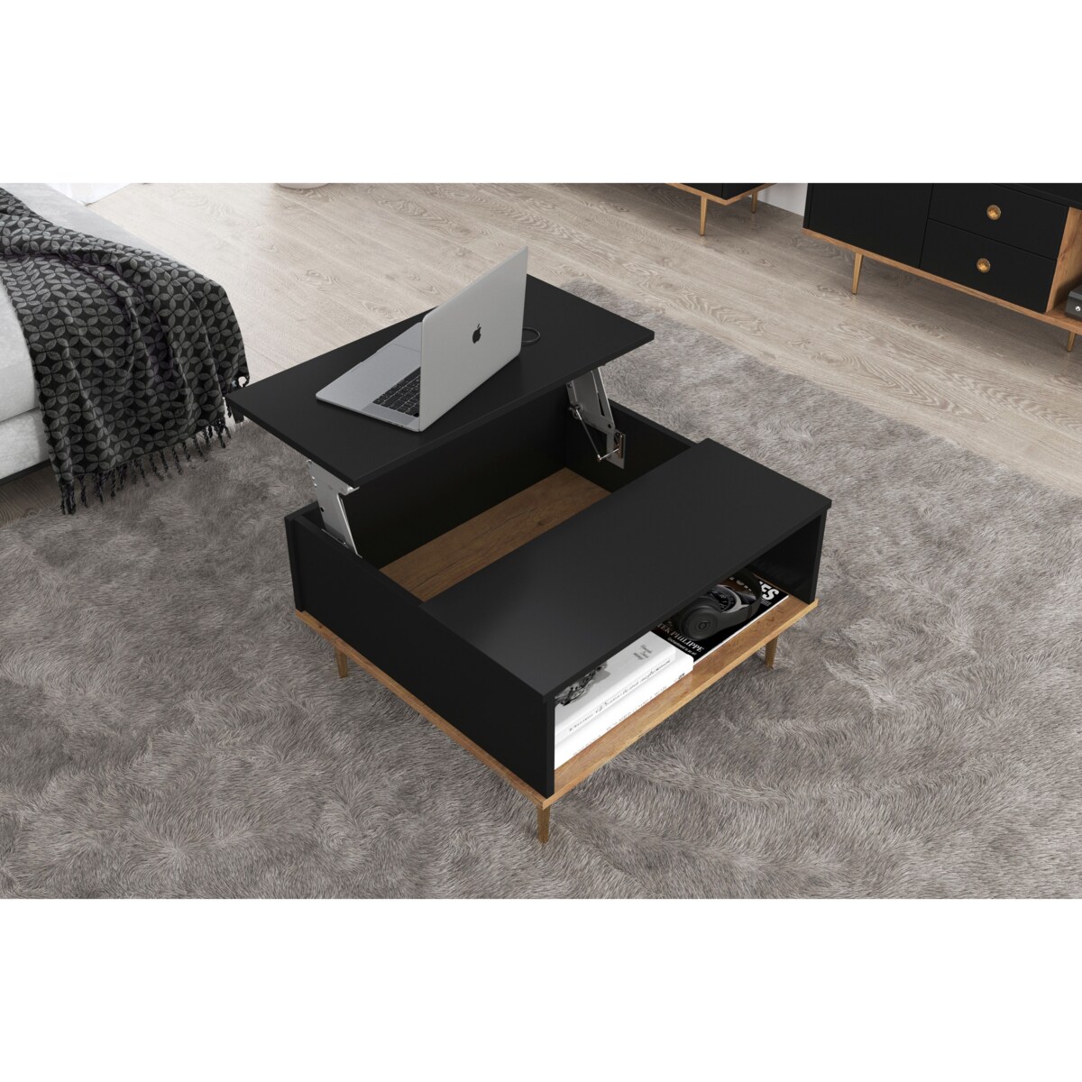 Czarny nowoczesny stolik kawowy Skandica HARMONI z otwieranym blatem
