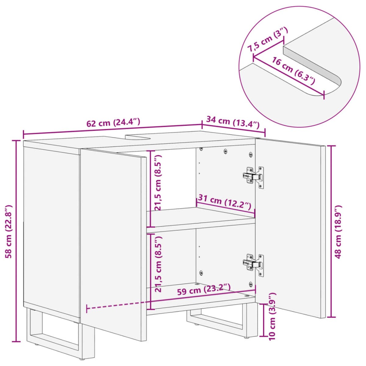 vidaXL Szafka pod umywalkę, 62x34x58 cm, lite drewno akacjowe