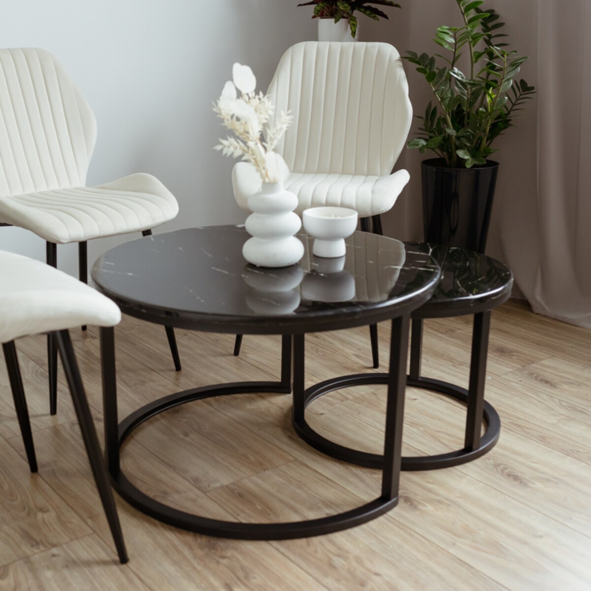 Stolik kawowy okrągły 2w1 biały marmur zestaw 2 stolików kawowych glamour