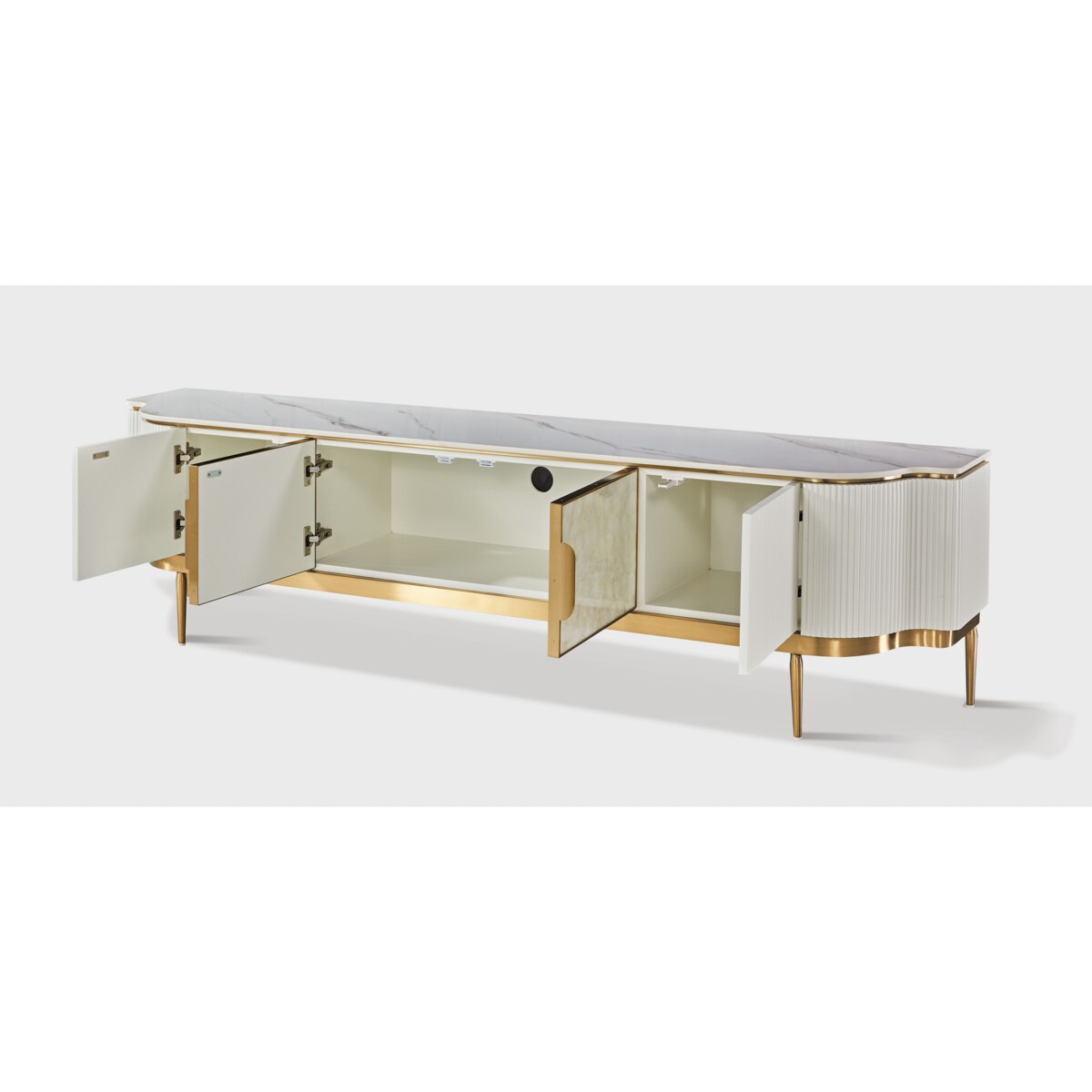 Ryflowana szafka RTV kremowo - złota Champion Glamour Premium z muszelkami z blatem marmurowym 200x40x52