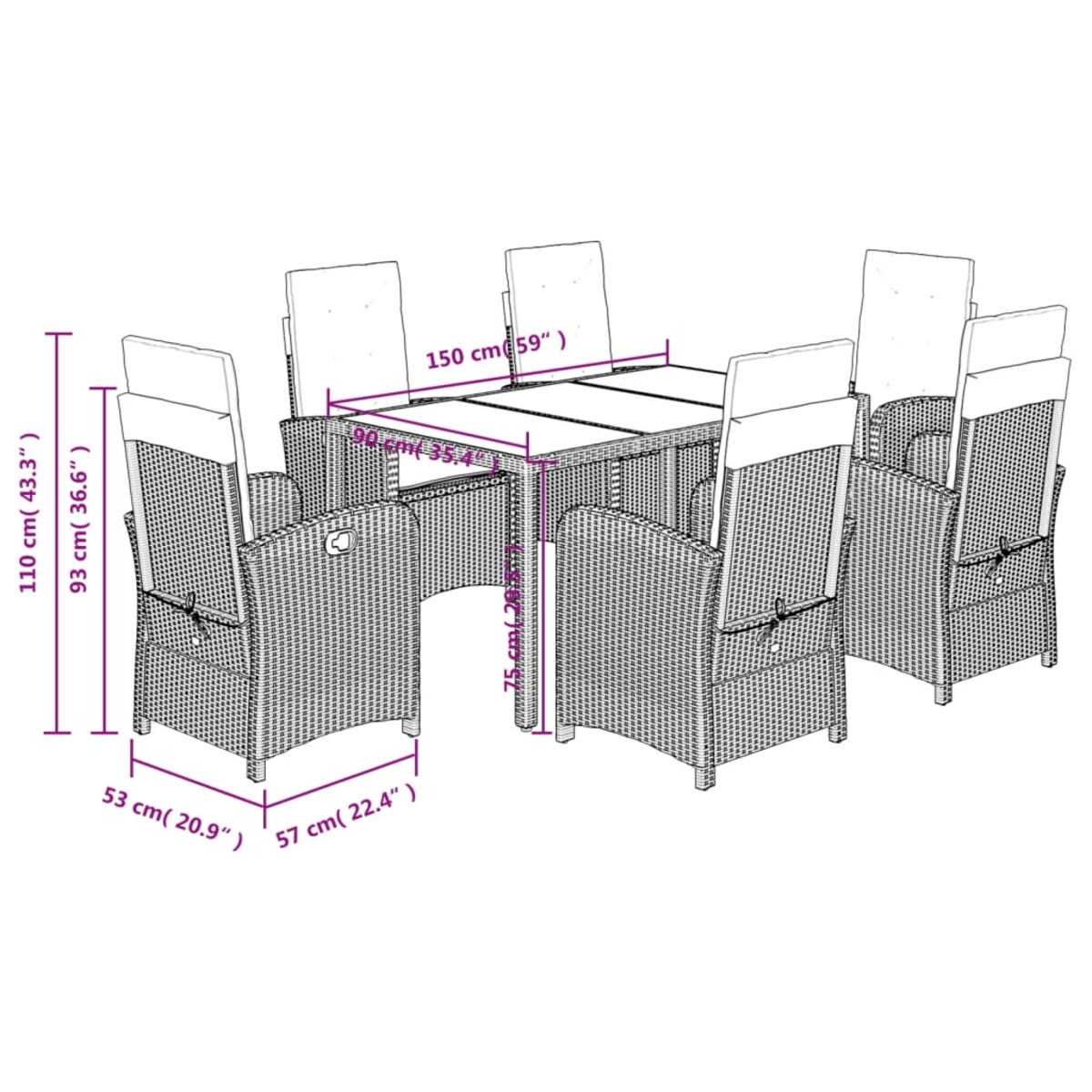 vidaXL 7-cz. zestaw mebli ogrodowych z poduszkami, czarny, polirattan