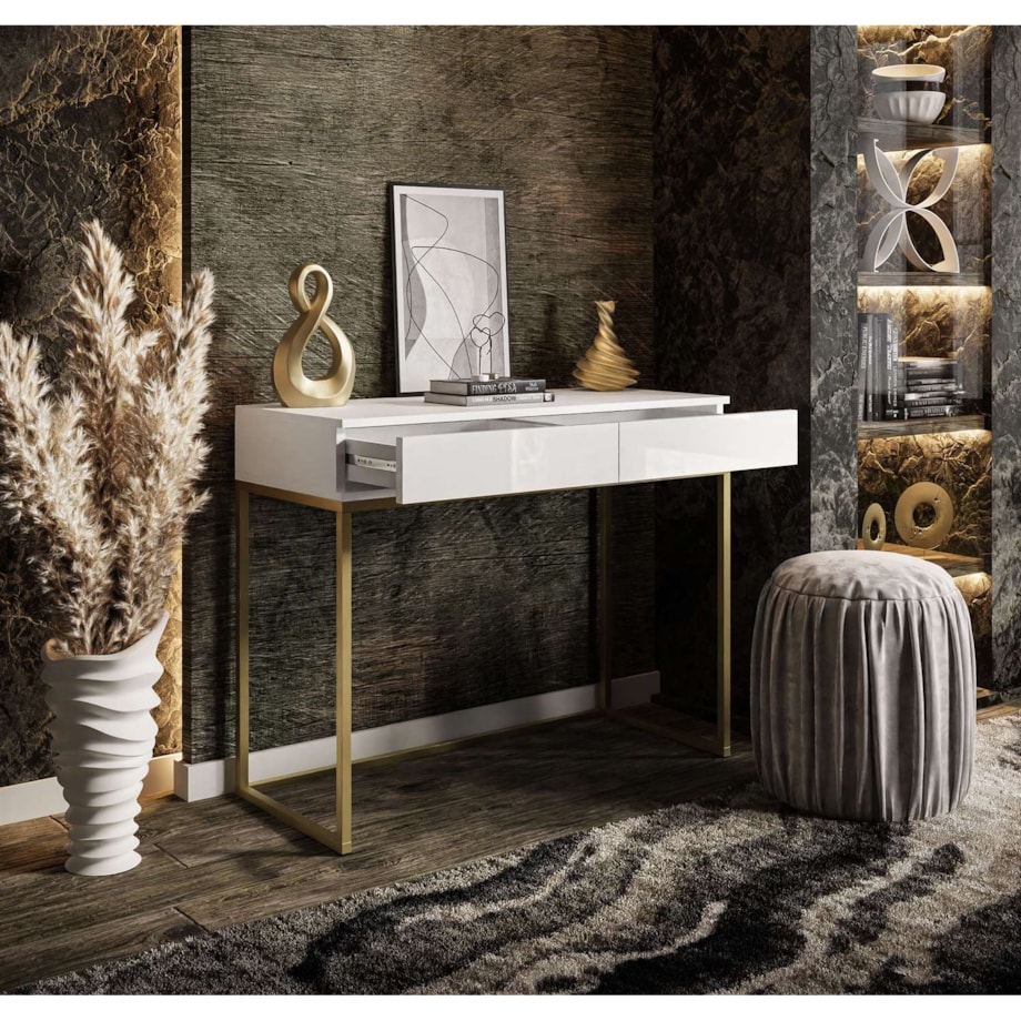 Konsola BLANCO GOLD 100x42x81 cm - biały wysoki połysk, złoty stelaż, Push-to-open