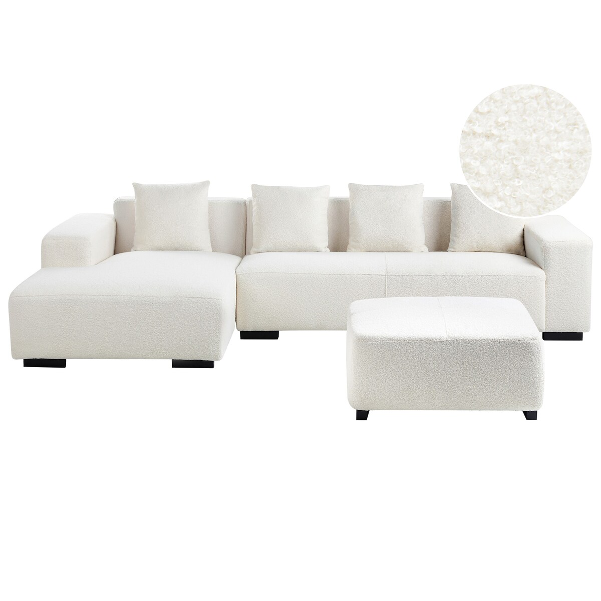 Narożnik dla 4 osób LUNGO Boucle Biały z otomaną Prawostronny