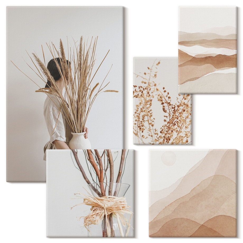 Zestaw 5 obrazów na płótnie - Stylowe boho rośliny krajobrazy - beżowy