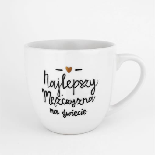 Biały kubek porcelanowy 300 ml - Złote serce i napis najlepszy mężczyzna na świecie na dzień mężczyzny dla mężczyzny