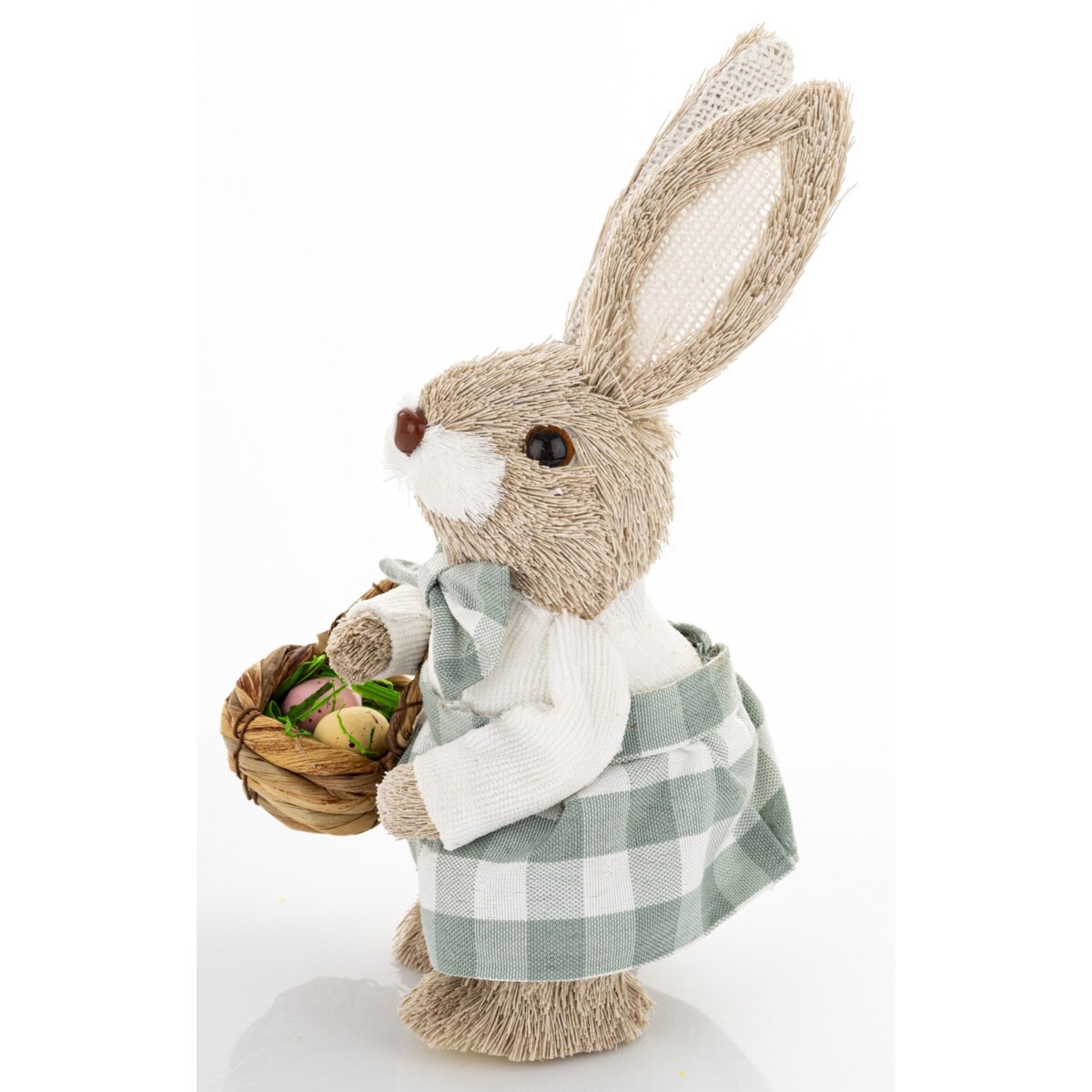 Figurka - króliczek z wielkanocnym koszyczkiem 23,5x11x13 cm w sukience w biało-niebieską kratkę