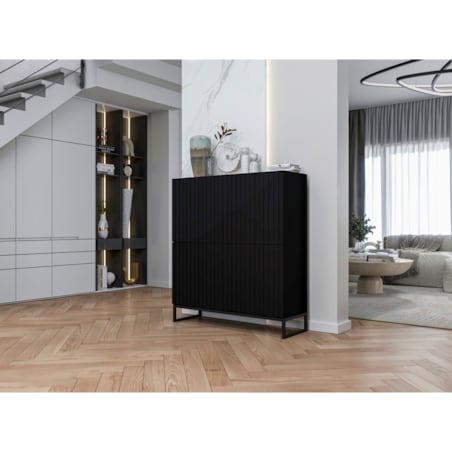 Komoda RTV Glamour Czarny MAT 112 cm Szafka RTV Nowoczesna Czarna Rama Loft Ryflowane fronty