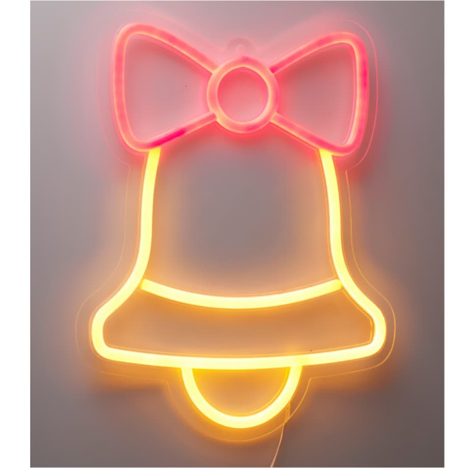 Świąteczny neon na ścianę, LED, 23 x 22 cm, na USB, kolor złoty, tworzywo sztuczne, motyw dzwonek