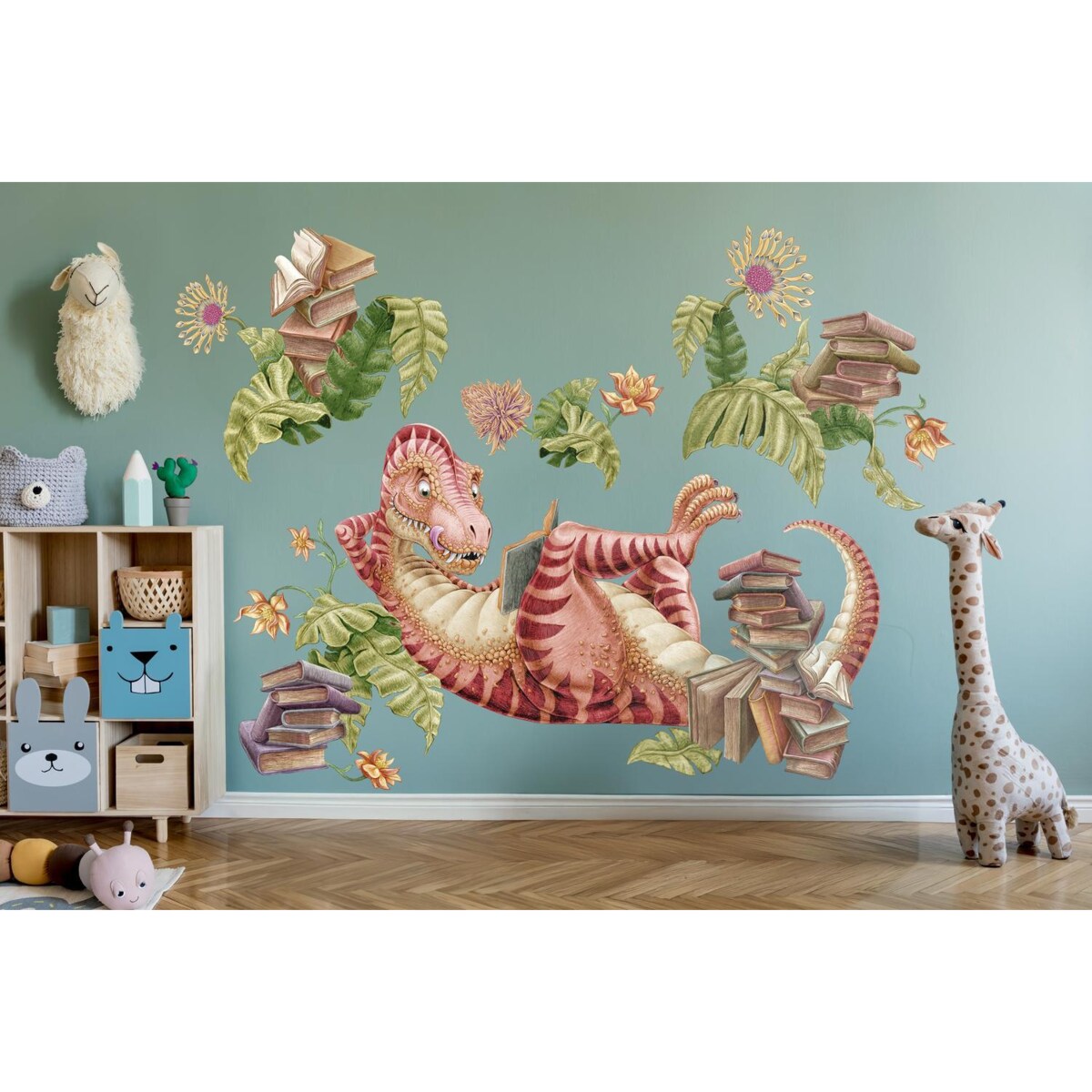 Zestaw naklejek na ścianę, Pastelowy dinozaur czytelnik, 100cm