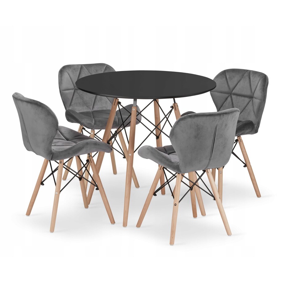 Zestaw Stół Do Jadalni Kuchni Salonu Biura Okrągły Todi 80 Czarny + 4 Krzesła Lago Szare