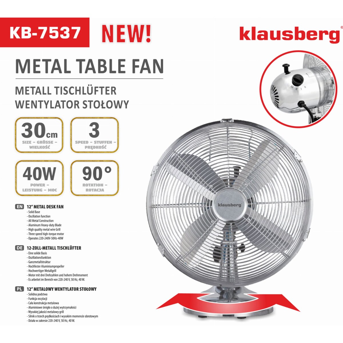 Wentylator biurkowy wiatrak stojący srebrny 30cm 40W KLAUSBERG