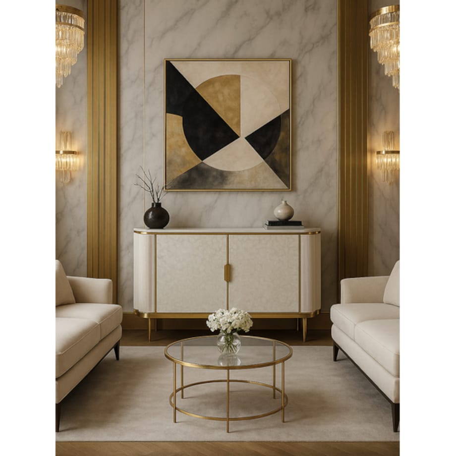 Komoda ryflowana jasno-złota Champion Glamour Premium z muszelkami 150x40x88