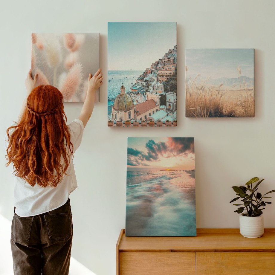 Zestaw 4 obrazów na płótnie - Morze zachód słońca domy kwiaty - turkusowy