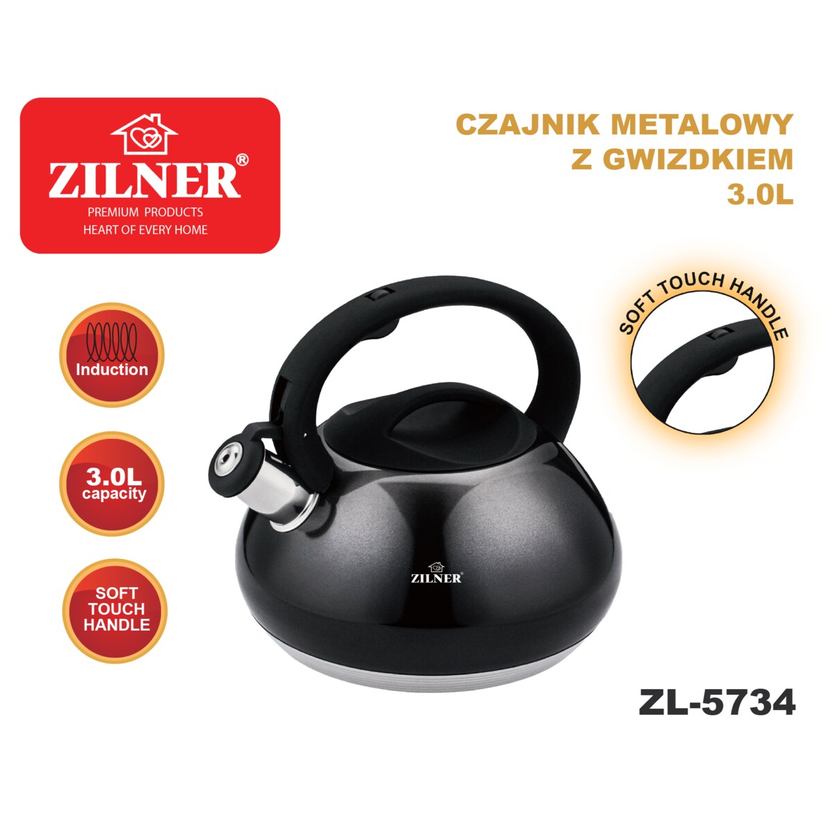 Czajnik na gaz 3L tradycyjny z gwizdkiem błyszczący indukcja ZILNER