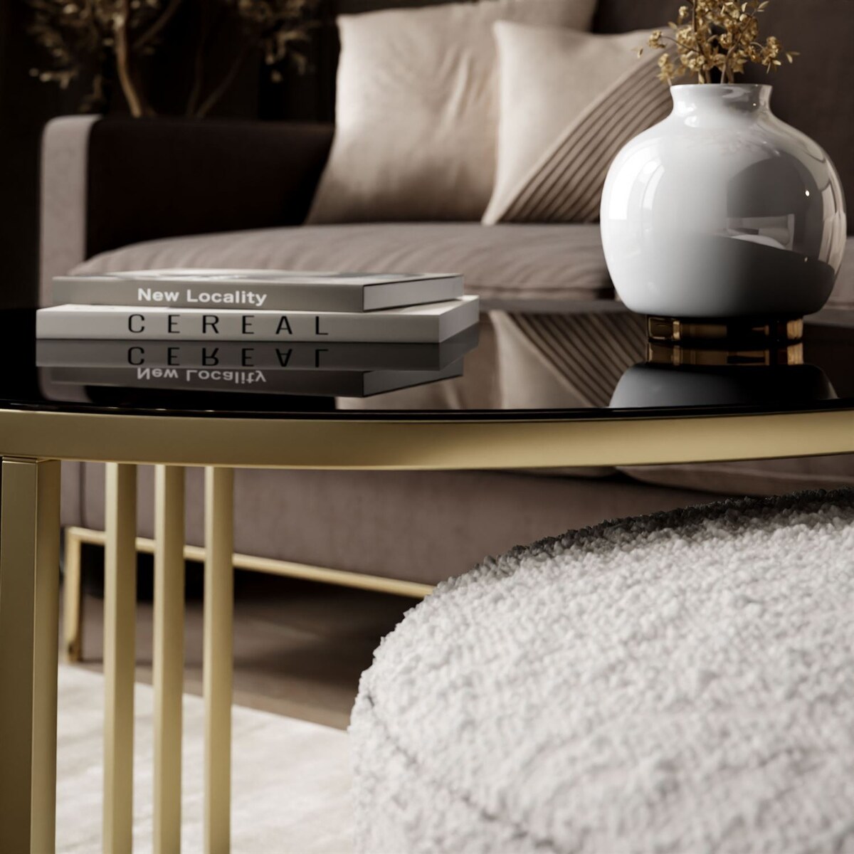 Stolik kawowy z pufą LORI GLASS złoto szczotkowane, czarne szkło / Coral 65