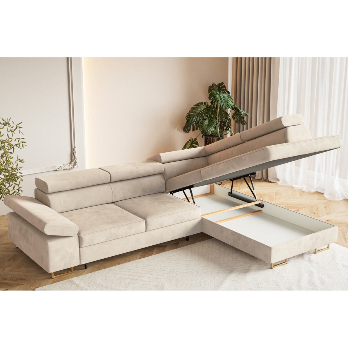 Narożnik ALEX z regulowanymi zagłówkami, prawostronny-Matt Velvet beżowy