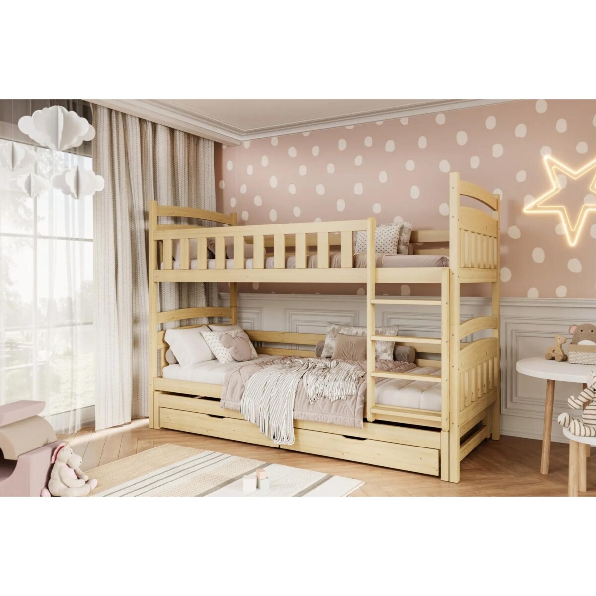 Łóżko piętrowe JULITA 200x80 sosna lakierowana drewniane trzyosobowe