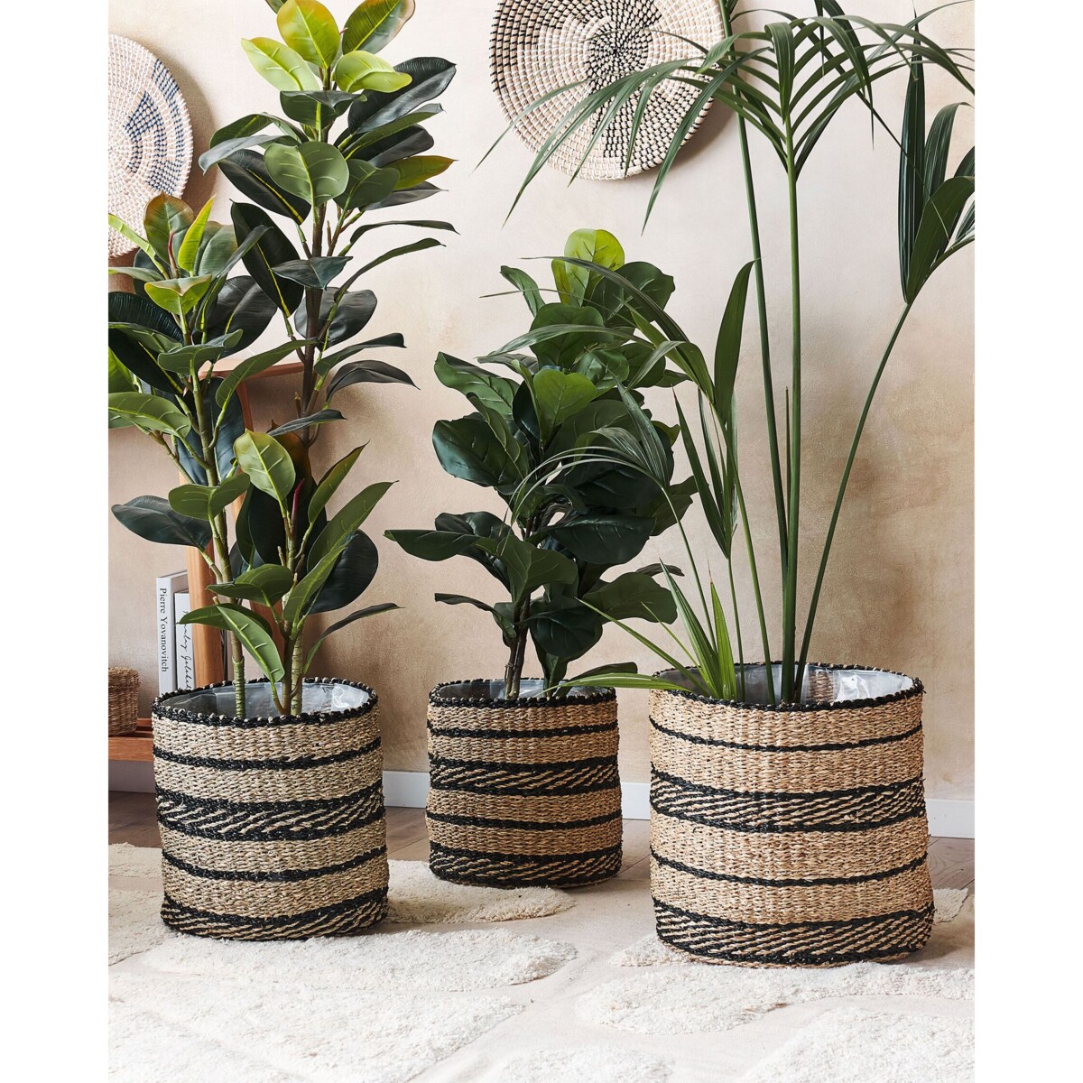 Zestaw 3 koszy na kwiaty z trawy morskiej naturalny z czarnym RASBORA