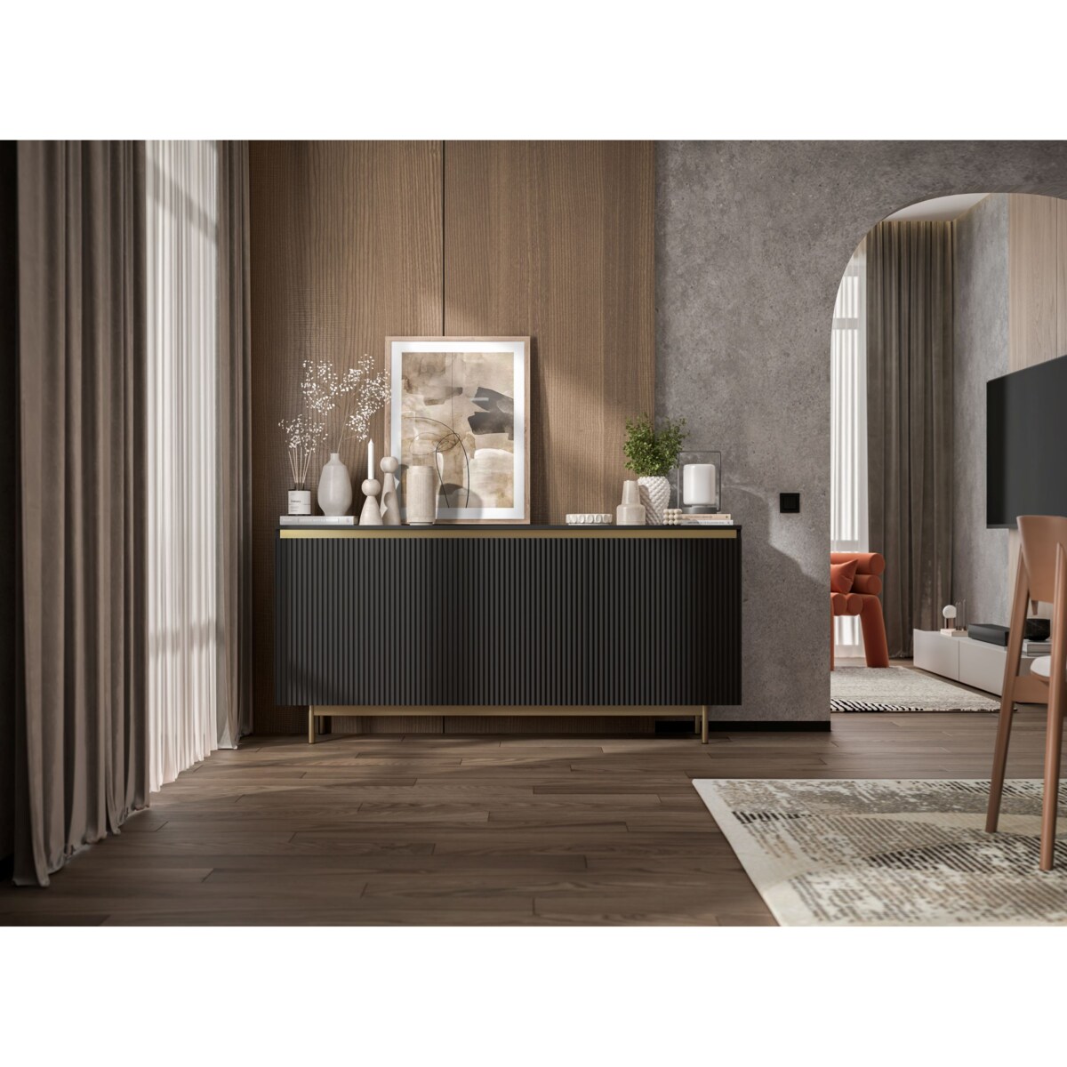 Komoda RTV Glamour 167 cm czarna matowa ryflowane fronty złota rama