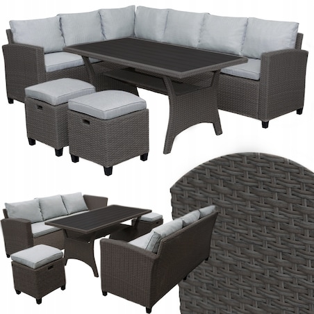 Zestaw Ogrodowy Wypoczynkowy Narożnik Stół Pufy Meble Ogrodowe Technorattan Venezia
