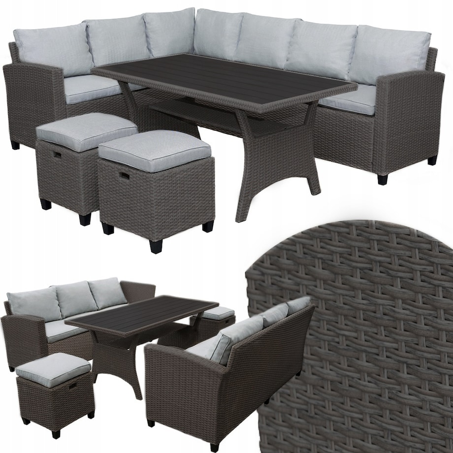 Zestaw Ogrodowy Wypoczynkowy Narożnik Stół Pufy Meble Ogrodowe Technorattan Venezia