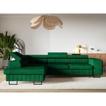 Narożnik NOLA do salonu, regulowane zagłówki-lewostronny- butelkowa zieleń