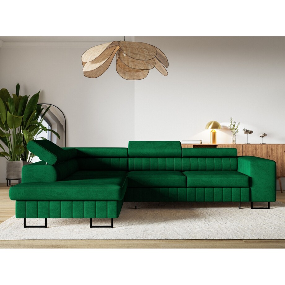 Narożnik NOLA do salonu, regulowane zagłówki-lewostronny- butelkowa zieleń