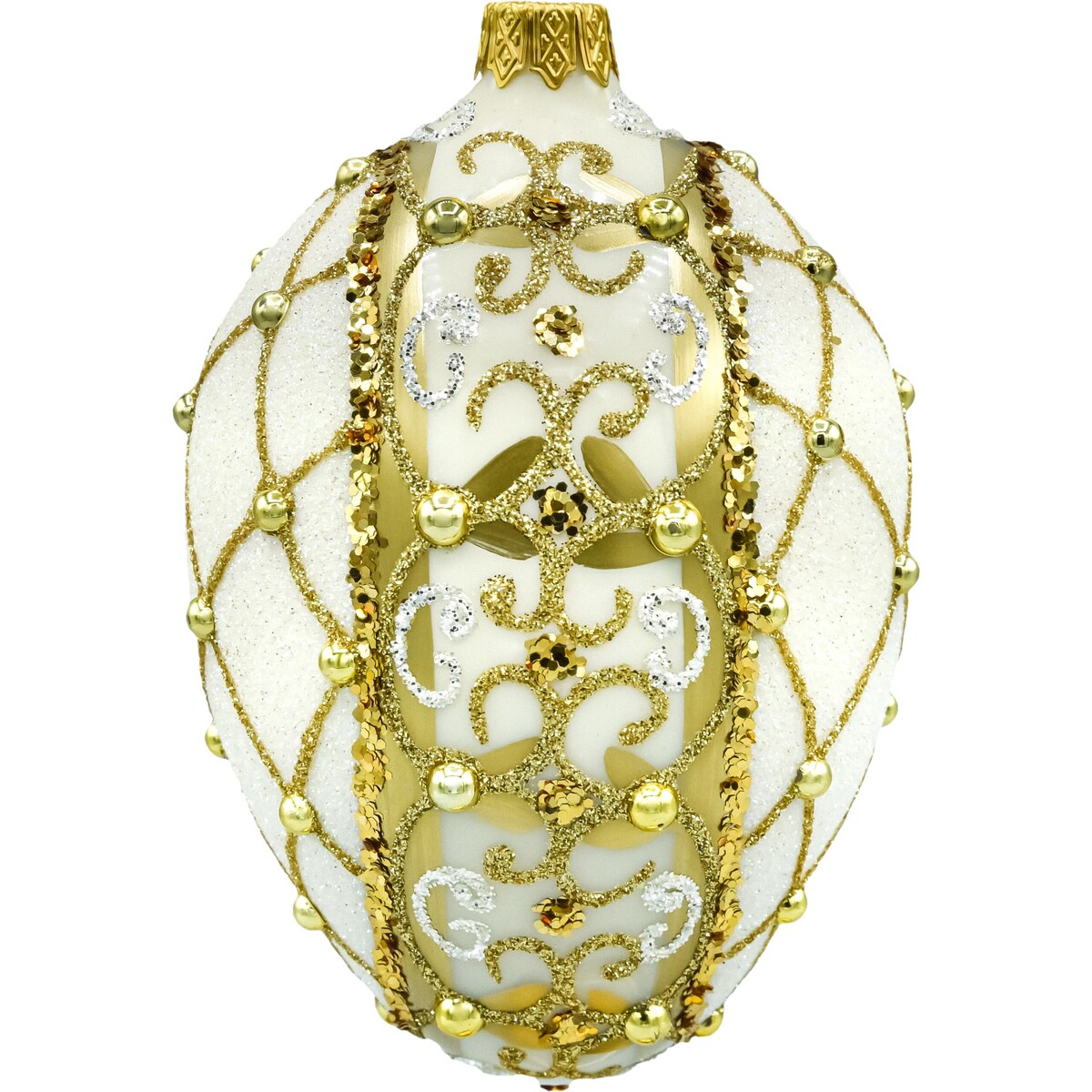 Bombka choinkowa: Jajo ze złotym ornamentem: białe
