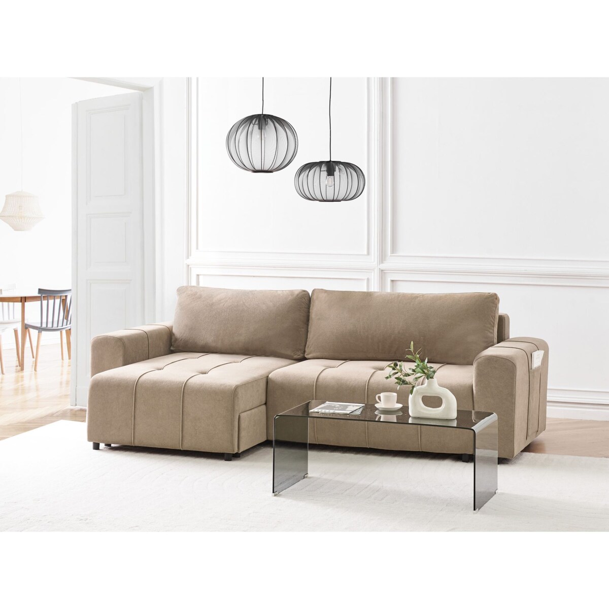 Narożnik rozkładany prawostronny 3-osobowy z pojemnikiem brązowy INNVIK