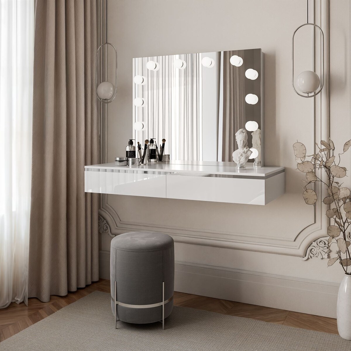 Toaletka kosmetyczna AURORA SILVER ELITE wisząca z lustrem biały połysk