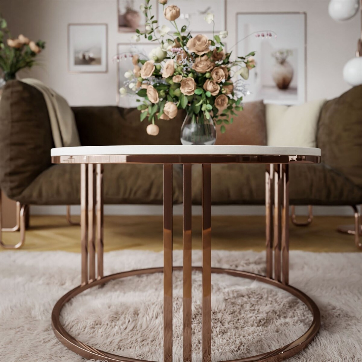 Okrągły stolik kawowy LORI mat z miedzianym stelażem, Marmur Levanto