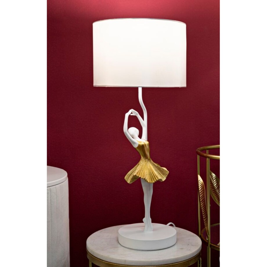 Lampa stołowa Dancer, kolor złoty i biały, żywica syntetyczna i żelazo, 28 x 28 x 64 cm, 1 x E27, max. 40 W, do salonu i sypialni, Mauro Ferretti