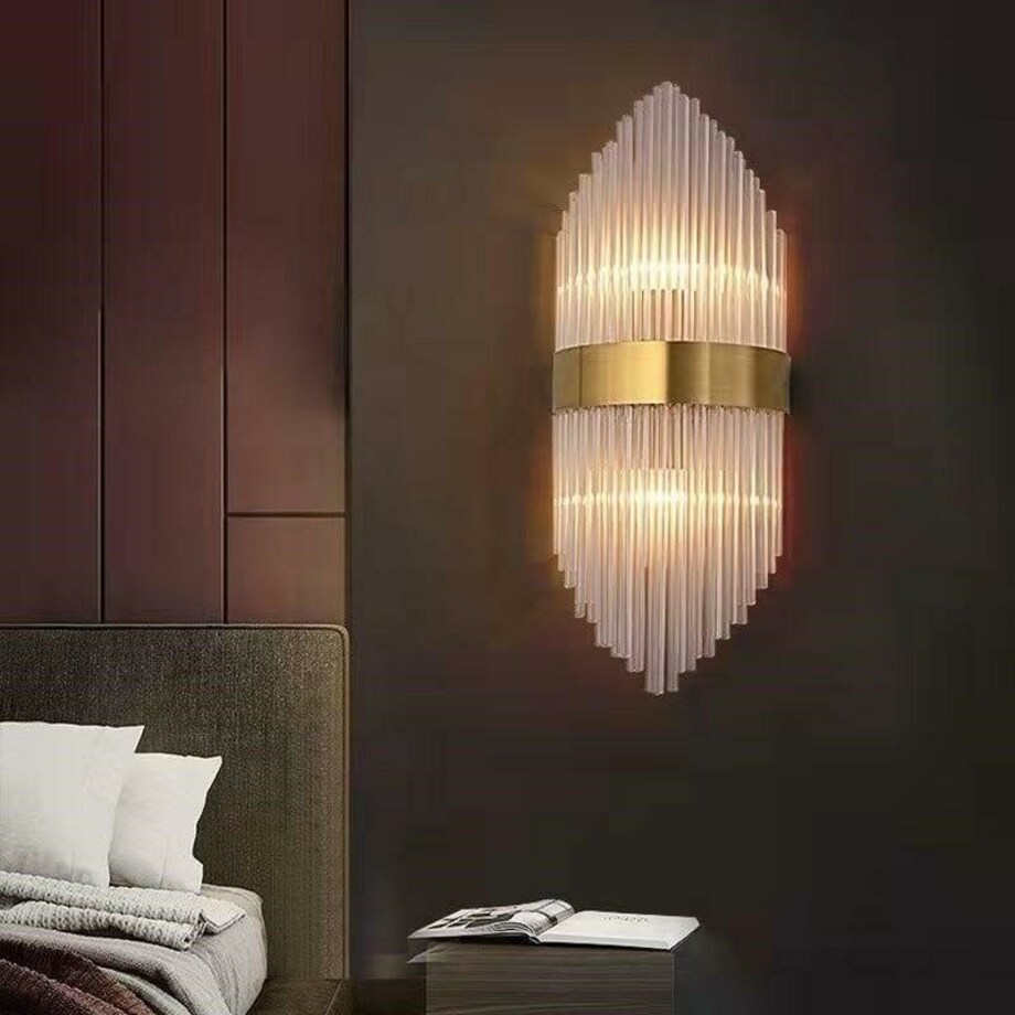 Złoty kinkiet glamour FLORENS kryształowa lampa do sypialni