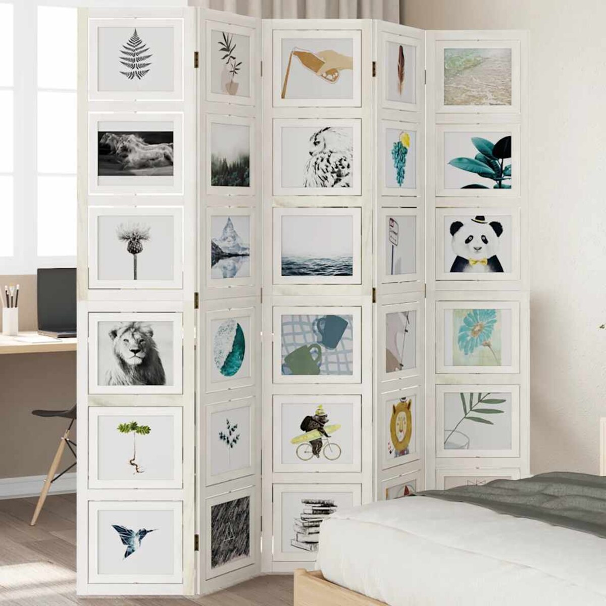 vidaXL Parawan pokojowy, 5-panelowy, biały, lite drewno paulowni