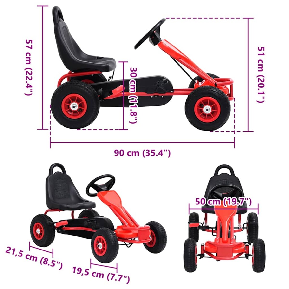 vidaXL Gokart na pedały z oponami pneumatycznymi, czerwony