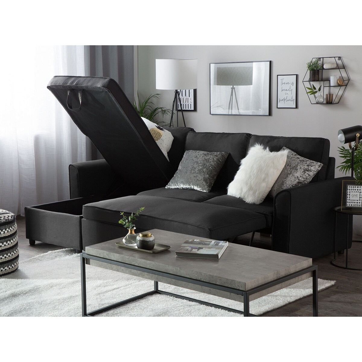 Narożnik rozkładany prawostronny czarny NESNA