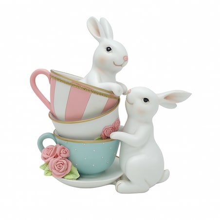 Dekoracja - ceramiczna para królików i 3 filiżanki 20,3x20x11,5 cm