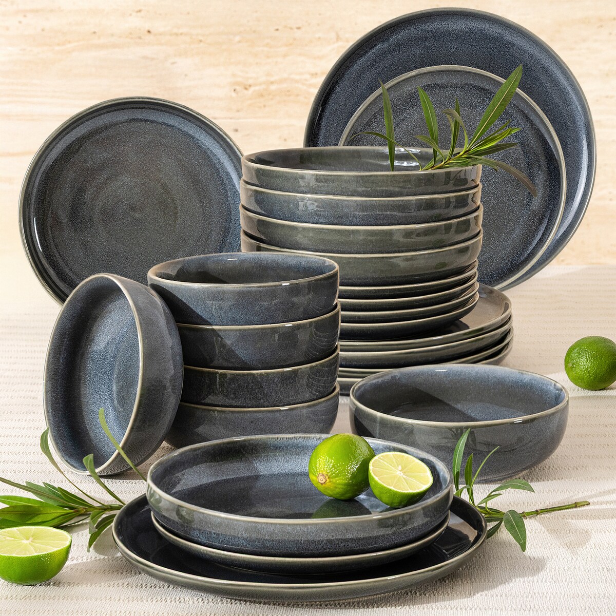 EDA Zestaw obiadowy 6 os. (24 el.), niebieski/szary/beżowy