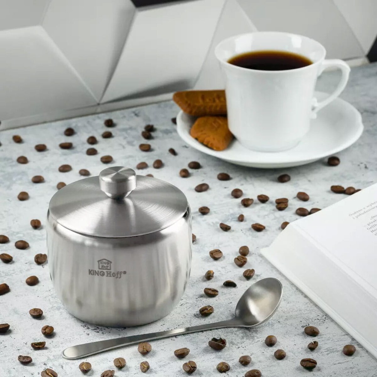 Cukiernica stalowa z łyżeczką wysoki Połysk pojemnik na cukier KINGHOFF