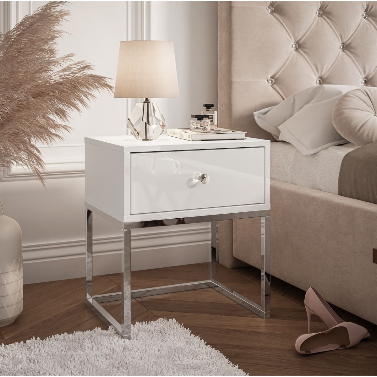 Stolik nocny BLANCO GLAMOUR 45x53x36,6 cm biały high gloss na chromowanym stelażu