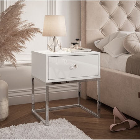 Stolik nocny BLANCO GLAMOUR 45x53x36,6 cm biały high gloss na chromowanym stelażu