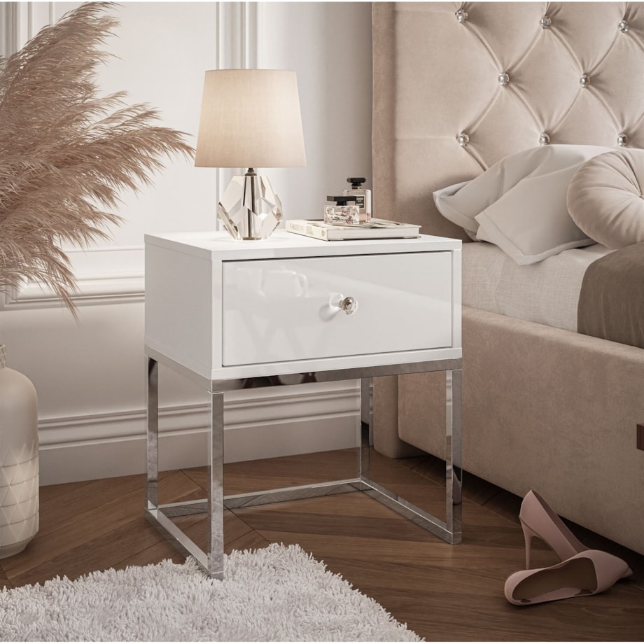 Stolik nocny BLANCO GLAMOUR 45x53x36,6 cm biały high gloss na chromowanym stelażu