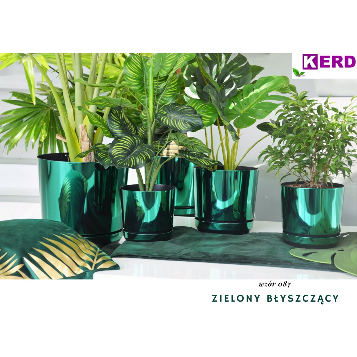 26 cm wzór ZIELONY BŁYSZCZĄCY Doniczka z podstawką nowoczesna glamour wysoki połysk metaliczny idealna do monstera orchidea