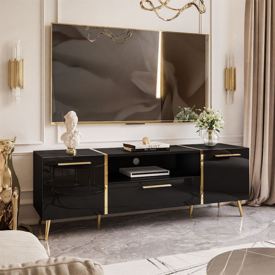 Szafka RTV ONYX na złotych nóżkach wysoki połysk 158 cm, carny połysk, złote uchwyty