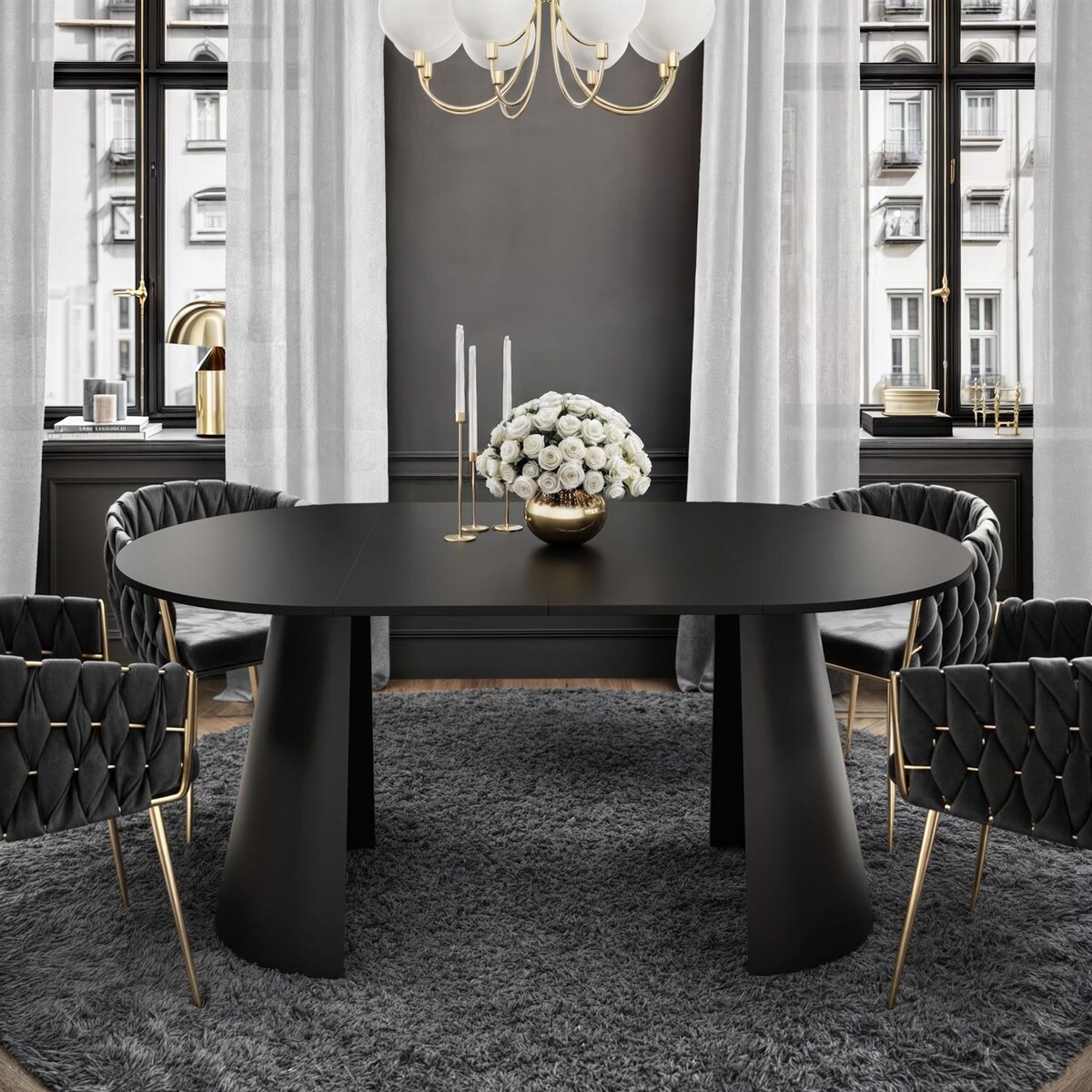 Okrągły stół rozkładany LAVA, średnica 100cm, czarny / czarny mat