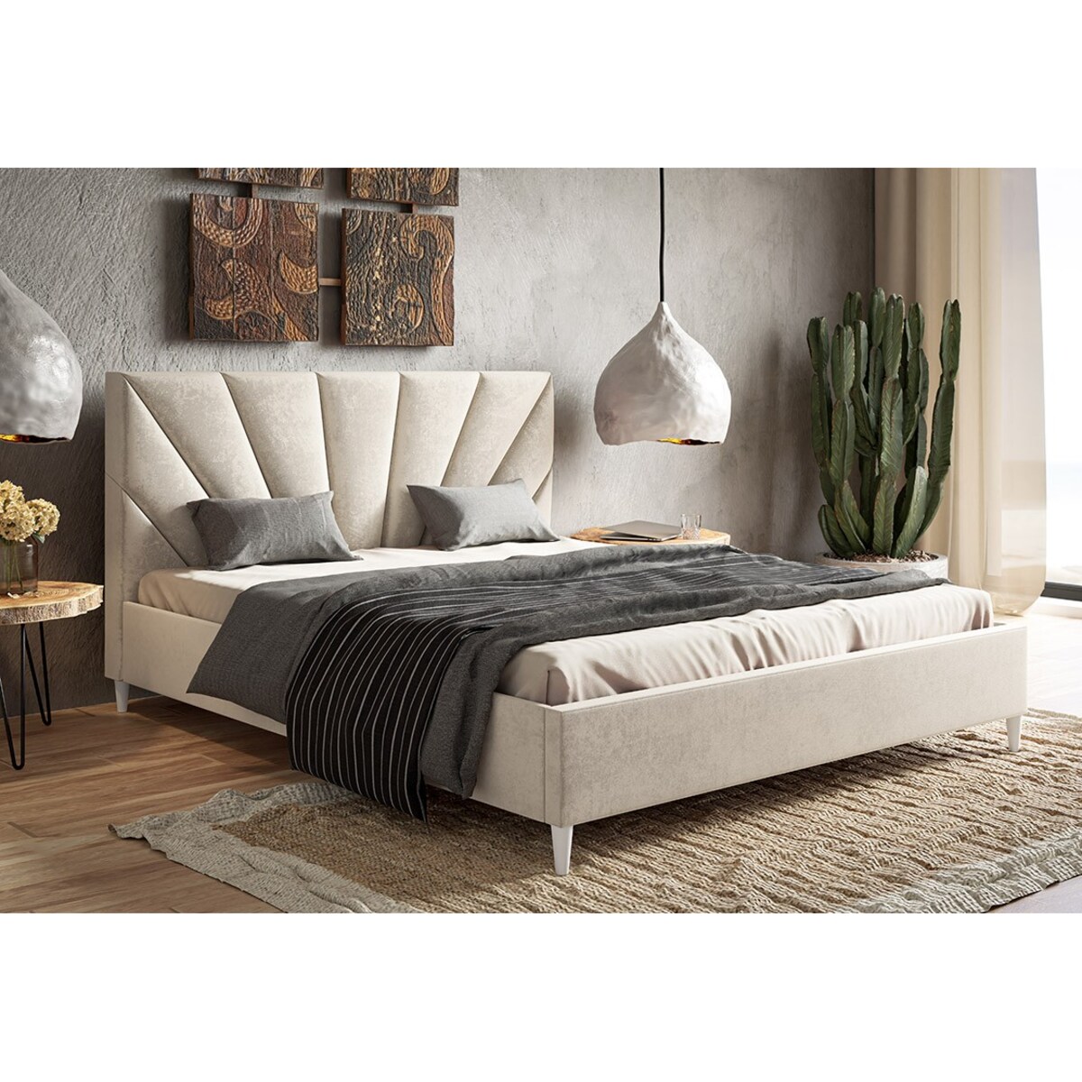 Łóżko do sypialni 160x200 LUXO 3 tapicerowane, na wysokich nogach- beżowe