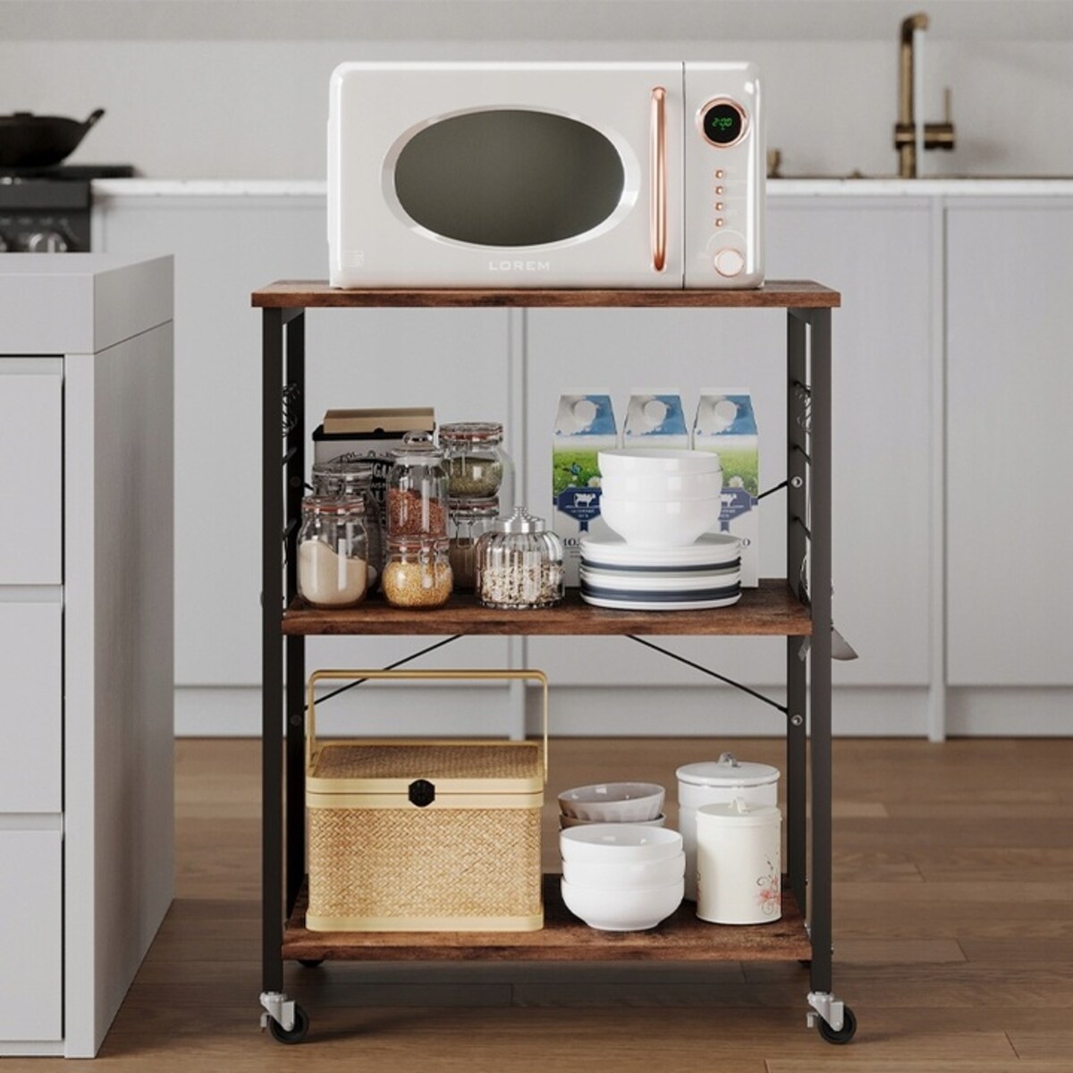 SZAFKA MOBILNA NA KÓŁKACH BRĄZOWA STOLIK ŚNIADANIOWY WÓZEK KUCHENNY 60 CM