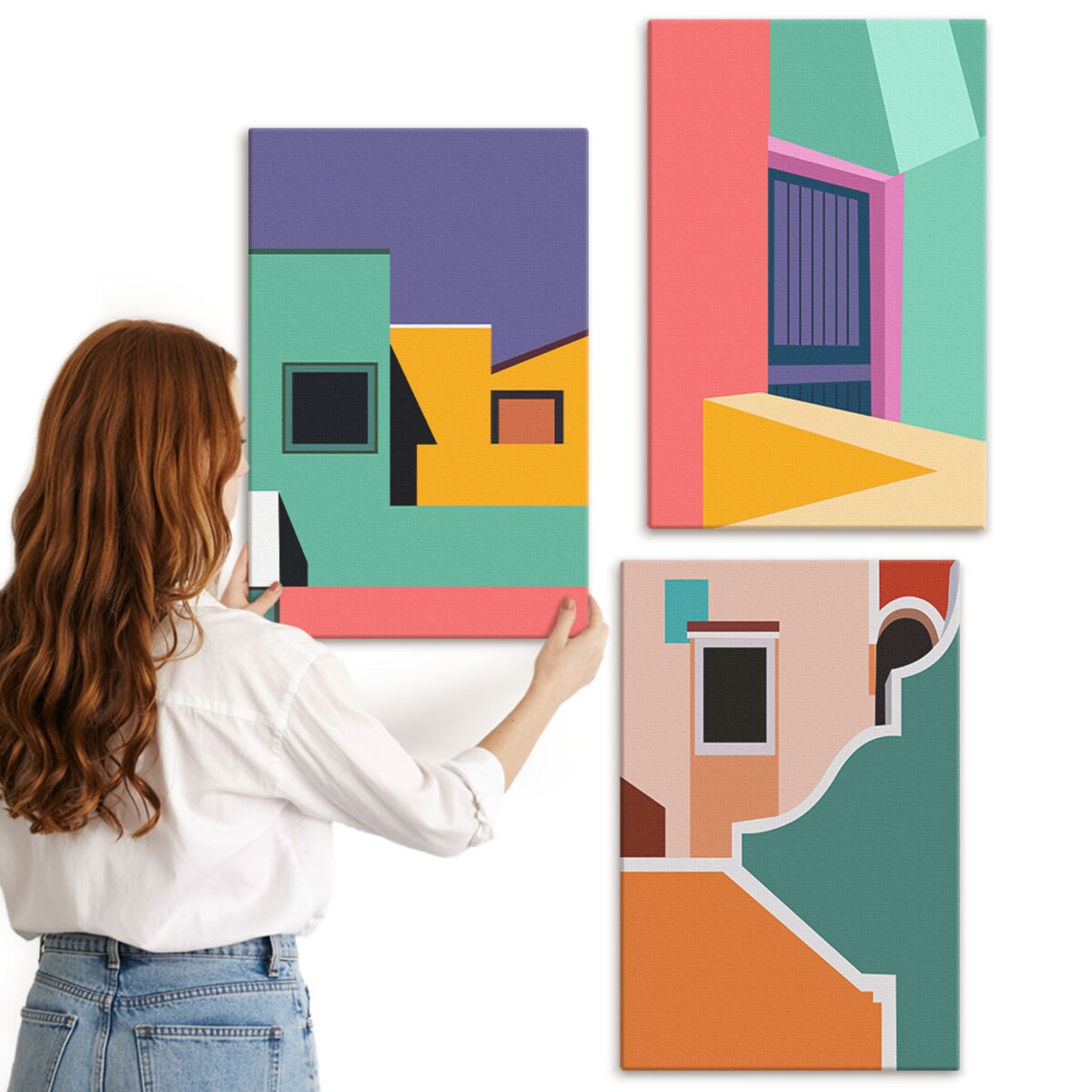 Zestaw 3 dużych obrazów na płótnie - Kolorowe ilustracje miasta - wielokolorowy