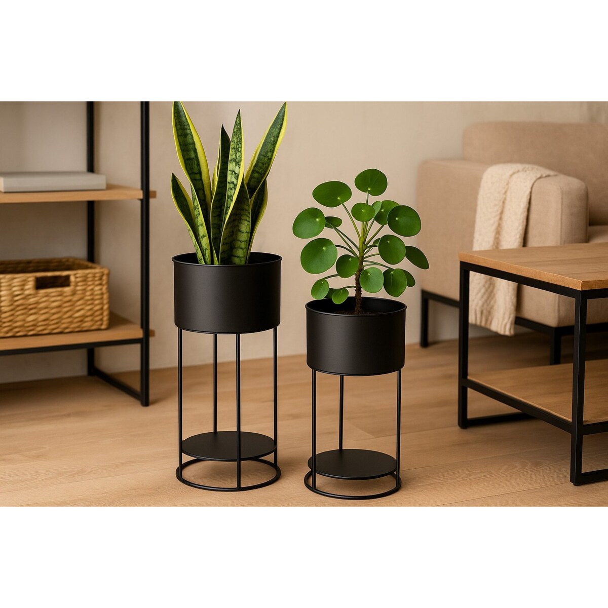Kwietnik metalowy loftowy z 2 osłonkami 56,5/34,5x25,5/20x25,5/20 cm NARDO-3 czarny