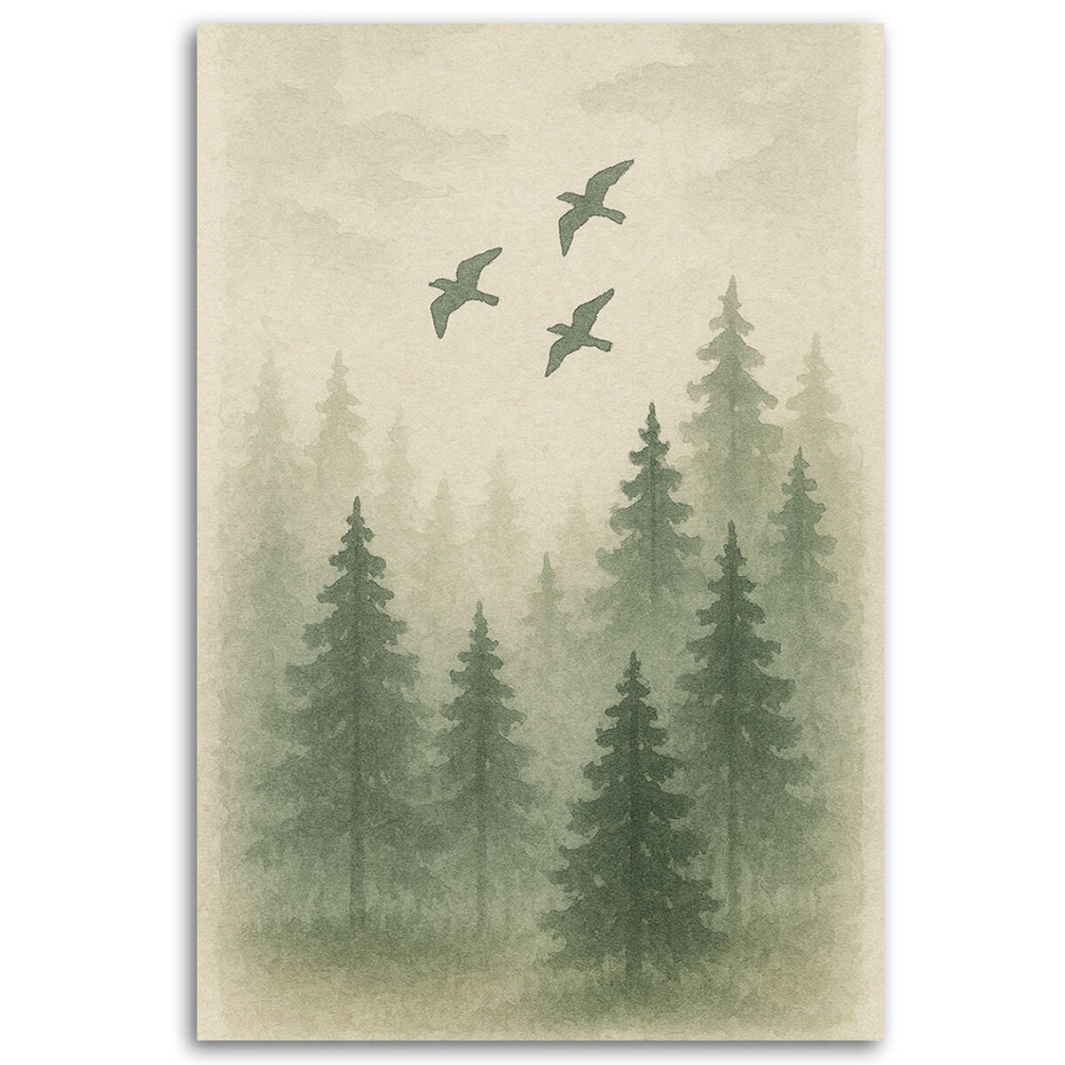 Feeby Obraz Japandi, Sosny Ptaki Las Akwarela Zielony Naturalny 80x120